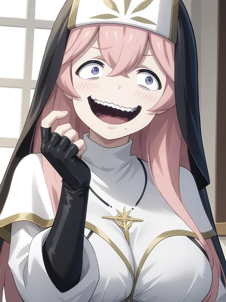 score_9, score_8_up, score_7_up, score_6_up, score_5_up, score_4_up, white_long_dress, Lilynette_Piani, solo, large_breasts, looking_to_the_side, smile, blush, wide-eyed, bags_under_eyes, :d, upper_teeth_only, constricted_pupils, smirk, smug, wavy_mouth, open_mouth, mole_under_mouth, head_tilt, nun, habit, capelet_with_pelvic_curtain, white_capelet, capelet_with_gold_edging, black_veil, cross_necklace, long_sleeves, black_fingerless_gloves, hand_up, upper_body, indoors, <lora:Lilynette_Piani_V1(SDXL):1>, <lora:hand 4:1>, Hand, detailed, perfect, perfection, hands,