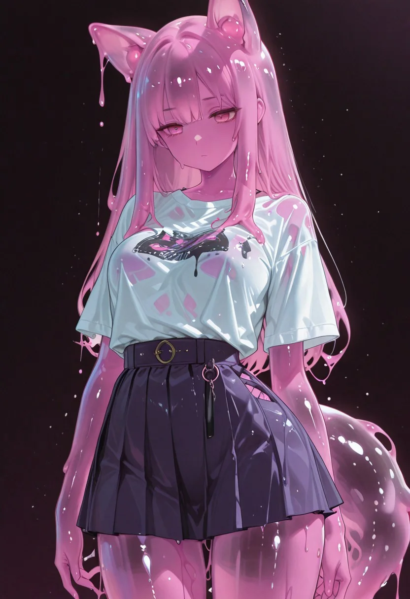 masterpiece, best quality, very aesthetic, absurdres, (anime coloring:1.2), virant color, bright,
1girl, (slime girl:1.1), animal ears, tail, purple body, pink hairtips, long hair, pink eyes, (curvy:0.7), dripping, translucent, slime core, dark, moody, wet shirt, see-through, skirt, casual oufit, standing, fully body, legs, illustration, simple background, translucent face,
high detail,