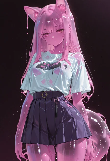 masterpiece, best quality, very aesthetic, absurdres, (anime coloring:1.2), virant color, bright,
1girl, (slime girl:1.1), animal ears, tail, purple body, pink hairtips, long hair, pink eyes, (curvy:0.7), dripping, translucent, slime core, dark, moody, wet shirt, see-through, skirt, casual oufit, standing, fully body, legs, illustration, simple background, translucent face,
high detail,