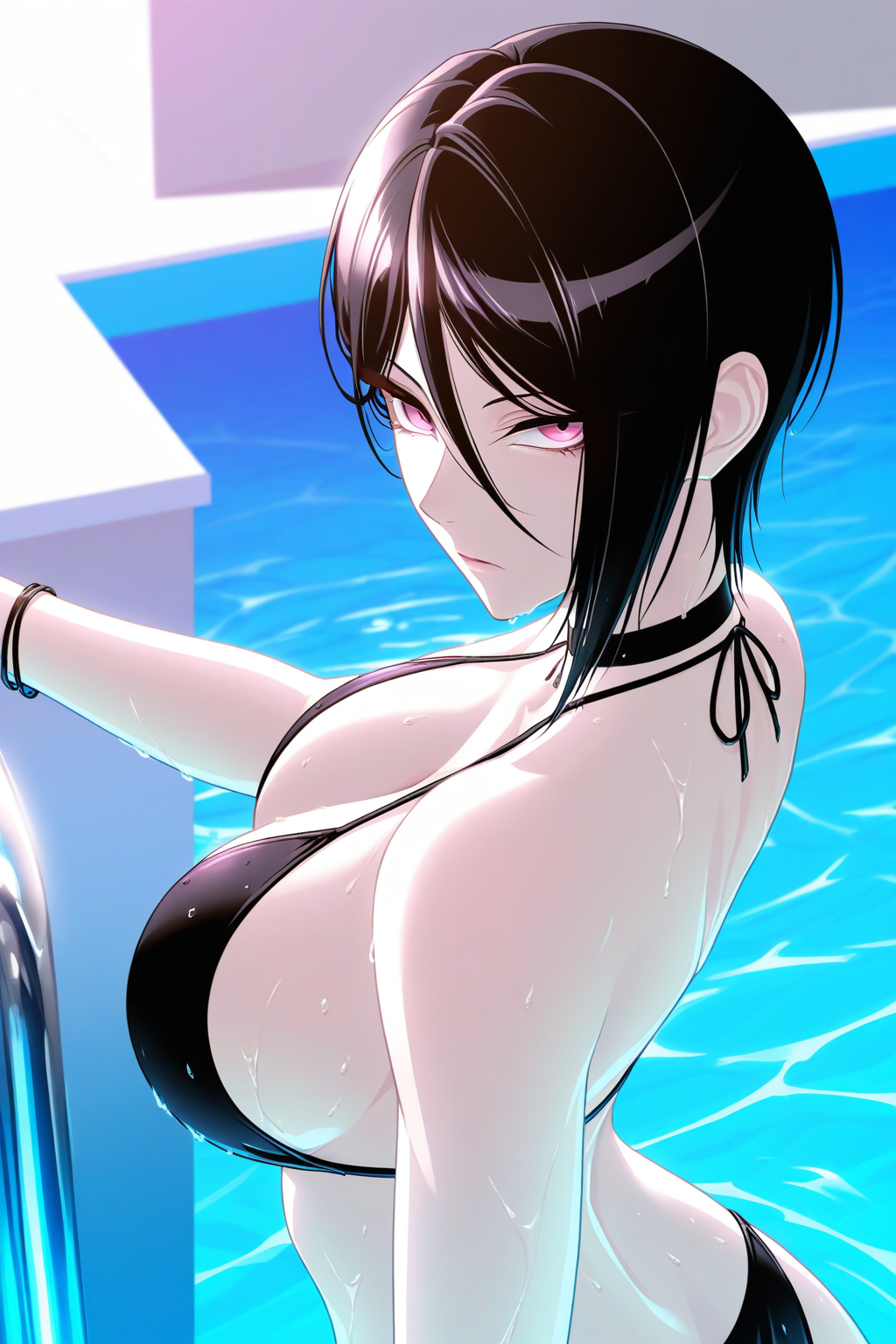 yashio rui, 1girl, asymmetrical hair, bare back, bare shoulders, bikini, black bikini, black choker, black hair, bracelet, breasts, choker, cleavage, hair between eyes, jewelry, large breasts, looking at viewer, pink eyes, pool, short hair, solo, swimsuit, water, wet, masterpiece, best quality