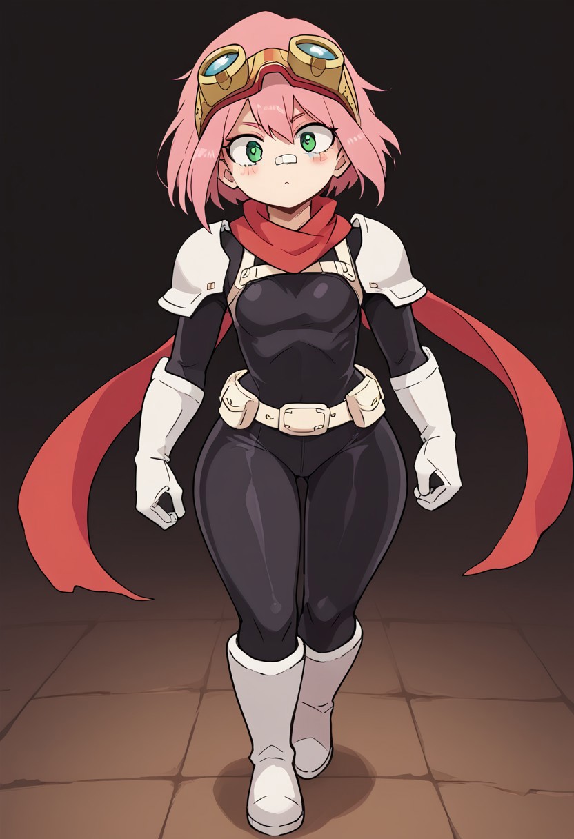 score_9, score_8_up, score_7_up, score_6_up, source_anime, ultra quality, anime screencap, closer view, (/my hero academia style), 1girl, pink hair, very short hair, green eyes, white plaster on nose, red hood on head, goggle, red long scarf, black latex suit, fullbody suit, armor white gloves, armor knee-high white boots, armor white belt, white shoulder pads, wide hips, small breasts, standing