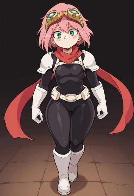 score_9, score_8_up, score_7_up, score_6_up, source_anime, ultra quality, anime screencap, closer view, (/my hero academia style), 1girl, pink hair, very short hair, green eyes, white plaster on nose, red hood on head, goggle, red long scarf, black latex suit, fullbody suit, armor white gloves, armor knee-high white boots, armor white belt, white shoulder pads, wide hips, small breasts, standing