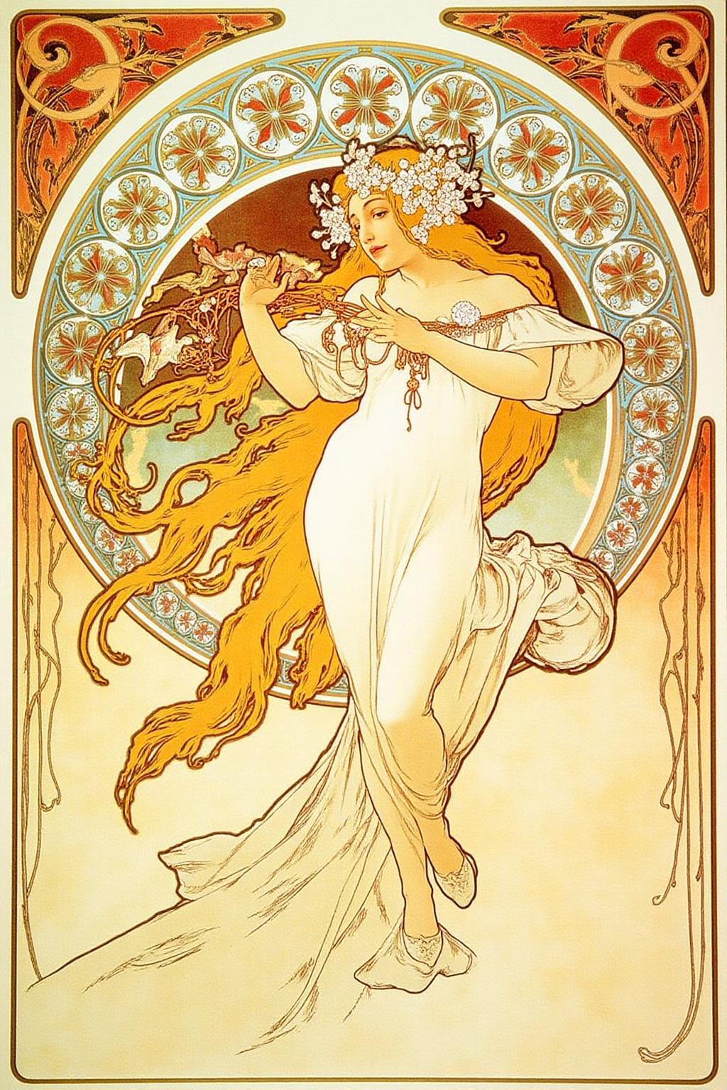 mucha1 illustration
A woman, with a flowing, ethereal quality. She is depicted with long, flowing golden-blonde hair cascading down her back, adorned with a delicate floral wreath. <lora:mucha1_cap_d6a3e11:1.0><lora:822881958573999325:0>