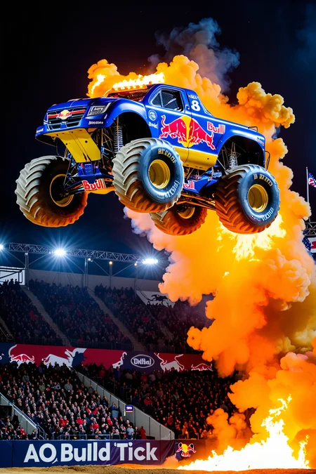 (Red Bull Monster Truck), Red Bull paintwork, Red Bull decals, Jumping through fire, Arena show, huge crowds in the stands, competition, motion effects, arena show lighting, view from stands, UHD,  painstaking attention to details