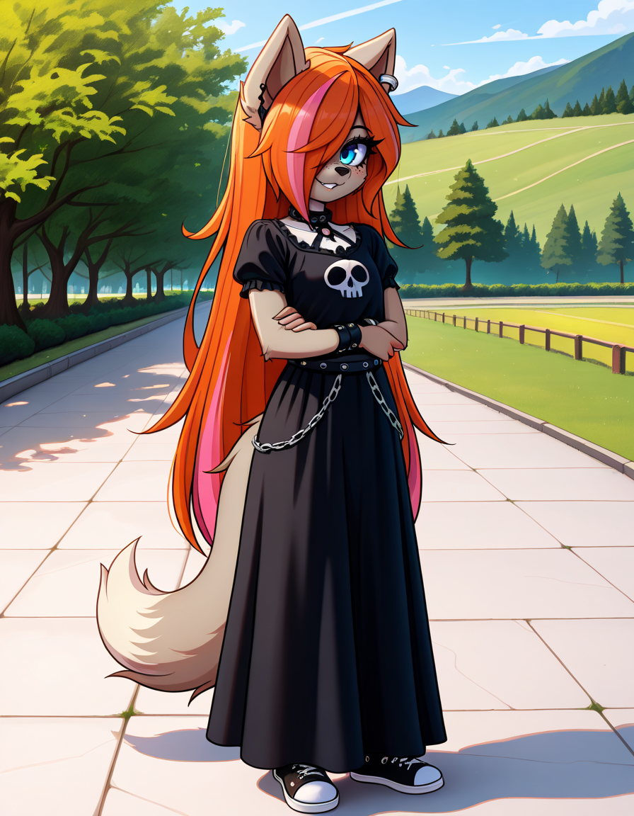 masterpiece, best quality, very aesthetic, absurdres,
outdoors,
full body, standing, posing, 
goth fashion, 
seductive smile, parted lips, long eyelashes,
<lora:Kayla_Kitsune_v01_NAIXL:1>
K4yl4_K1tsun3,1girl,solo,furry,furry female,very long hair,multicolored hair,orange hair,pink hair,streaked hair,hair over one eye,wolf ears,earrings,blue eyes,freckles,snout,animal nose,body fur,two-tone fur,wolf tail