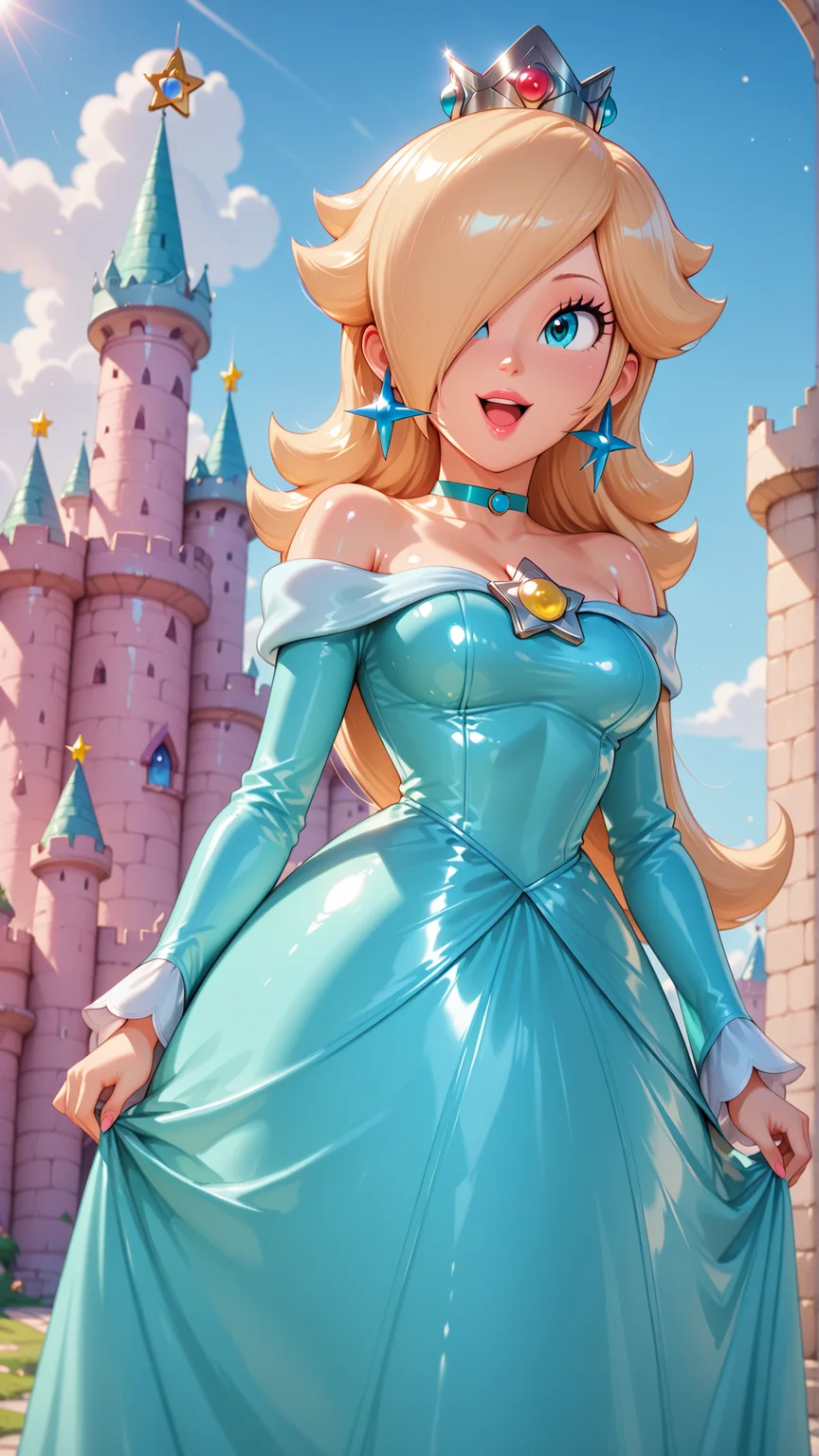 <lora:Princess_Peach_Shiny_Style_V3.0_Illustrious:0.7>,princess rosalina,1girl,solo,jewelry,earrings,long hair,breasts,very long hair,big hair,choker,dress,medium breasts,bare shoulders,:d,outdoors,smile,open mouth,shiny,shiny skin,castle,