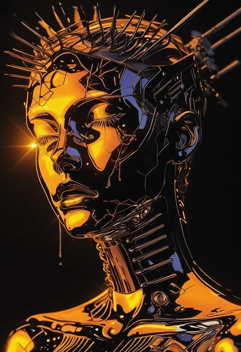 (highly detailed), (hyper realistic), hyper-realistic digital illustration, inspired by H. R. Giger, biomechanical surrealism, chrome material rendering, high-contrast detailing, intricate metallic texture, Score 9, Score 8_up, Score 7_up, BREAK 1woman, solo, adult, tall, and slender figure, wearing futuristic chrome attire, form-fitting armor with biomechanical details, chrome plating in sleek, angular patterns across the body, metallic shoulder pauldrons and ribbed armor segments, high-gloss reflective finish, smooth chrome skin, the face hidden beneath a smooth chrome helmet, sleek and futuristic, sharp facial features hinted by the polished surface, BREAK** solid black background, no scenery, dark chrome reflections casting sharp light, mechanical energy emanating from the figure, red liquid-like leaks spilling from the feet, glowing faintly as they pool around her, surreal lighting and shadow play across the chrome surfaces, BREAK** surreal ambiance, biomechanical reflections, sharp chrome contrasts, minimal color palette, otherworldly metal symbolism, futuristic spiritual distortion, high-tech yet eerie vibes, dark dreamlike mood, visual tension between darkness and light, cinematic surreal atmosphere.