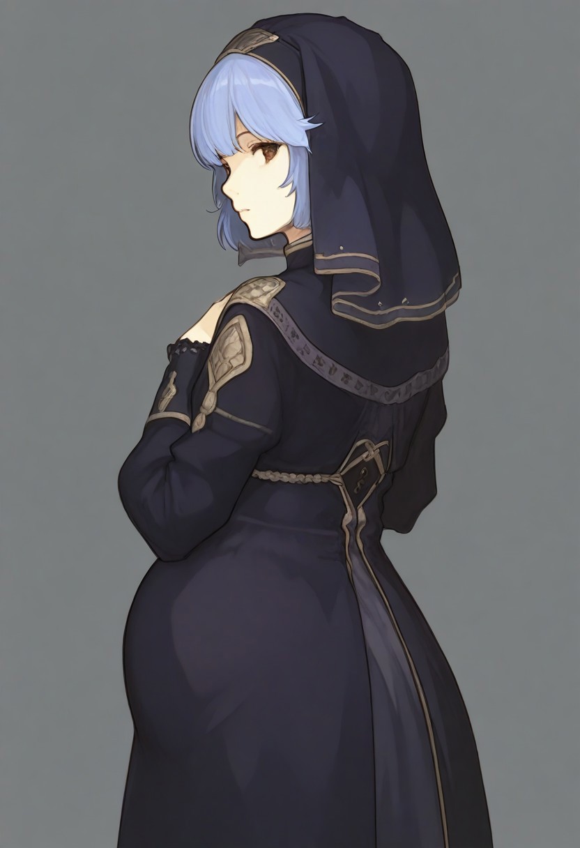 score_9, score_8_up, score_7_up, detailed, 
, clothed, pregnant, 
<lora:FE_Echoes_Shadows_of_Valentia_-_ArtStyle:1>, FE-Sh4d0ws, 1girl, solo, looking at viewer, short hair, simple background, long sleeves, white background, dress, brown eyes, blue hair, standing, upper body, looking back, from behind, veil, masterpiece, best quality, amazing quality, masterwork, cinematic light, harsh shadows, light and shadows, perfect composition ,