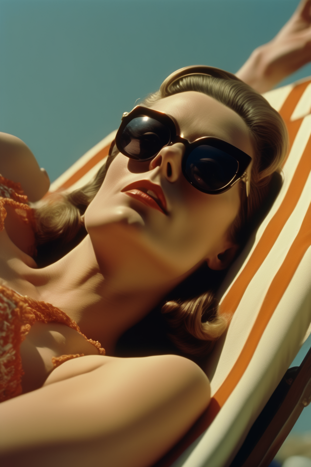 <lora:Director Lars von Trier style:1>Director Lars von Trier style - A film still from experimental movie, wide shot captured on Mamiya Rb67 camera with a 35 mm vintage lensIn this scene there is woman lying down on a sun bed, she is wearing dark sunglassescinematic lighting, oscar winner film, intricate details, oscar winner set design, hyper-realistic, clean sharp focus, cinematic color grading, kodak portra 800, film grain, detailed