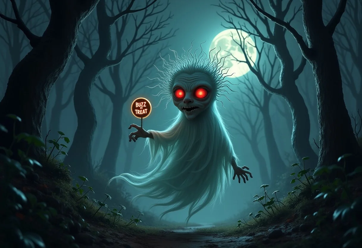 a hauntingly atmospheric scene in a dark, eerie forest at night. The trees are tall and twisted, their branches reaching out like skeletal hands. A thick mist rolls through the underbrush, partially obscuring the ground. In the center of the scene, a ghostly figure emerges from the shadows. This ghost has a translucent, flowing form that shimmers with an otherworldly glow, giving it a spectral presence. Its facial features are distorted, with wild, unruly hair that seems to float around its head, enhancing its chaotic aura.
The ghost's eyes are a vivid, glowing red, piercing through the darkness and emanating an unsettling energy. As it hovers slightly above the ground, its expression is both mischievous and menacing, capturing a sense of madness in its gaze. The ghost is holding out a shimmering, ethereal coin labeled "Buzz or Treat," which looks like a currency made of light and shadow. The coin glows faintly, casting a soft light that contrasts with the surrounding darkness.
In the background, twisted vines and overgrown foliage add to the wild mood of the scene, while faint whispers and ghostly echoes seem to linger in the air. A full moon hangs high in the sky, casting an eerie glow over the forest and illuminating the ghost's form. The atmosphere is charged with an unsettling energy, inviting viewers to question the nature of this ghostly figure and its strange proposition.