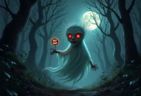 a hauntingly atmospheric scene in a dark, eerie forest at night. The trees are tall and twisted, their branches reaching out like skeletal hands. A thick mist rolls through the underbrush, partially obscuring the ground. In the center of the scene, a ghostly figure emerges from the shadows. This ghost has a translucent, flowing form that shimmers with an otherworldly glow, giving it a spectral presence. Its facial features are distorted, with wild, unruly hair that seems to float around its head, enhancing its chaotic aura.
The ghost's eyes are a vivid, glowing red, piercing through the darkness and emanating an unsettling energy. As it hovers slightly above the ground, its expression is both mischievous and menacing, capturing a sense of madness in its gaze. The ghost is holding out a shimmering, ethereal coin labeled "Buzz or Treat," which looks like a currency made of light and shadow. The coin glows faintly, casting a soft light that contrasts with the surrounding darkness.
In the background, twisted vines and overgrown foliage add to the wild mood of the scene, while faint whispers and ghostly echoes seem to linger in the air. A full moon hangs high in the sky, casting an eerie glow over the forest and illuminating the ghost's form. The atmosphere is charged with an unsettling energy, inviting viewers to question the nature of this ghostly figure and its strange proposition.