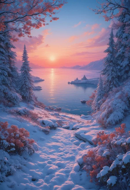 a fantasy landscape. snow landscape by the lake. trees with flowers. at evening. red sun sets perfection style,