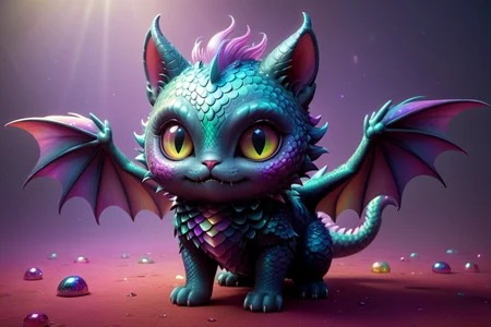 (obese:1.1) adorable cute cartoon dragon cat, iridescent scales, wings, rainbow with black, wings, dynamic pose, misty night, stunning full body anime art by (Mark Ryden:1.1) <lora:Nicoletta_Ceccoli_2:0.4> Nicoletta Ceccoli <lora:another-bored-monsters:0.45> fx-monsters <lora:AnotherBoredDetailXL:0.7>, subsurface scattering, ultra hd, 4k, high def, Photorealistic, Hyperrealistic, Hyper detailed, analog style, realistic, masterpiece, best quality, ultra realistic, 8k, Intricate, High Detail, film photography, soft lighting, heavy shadow