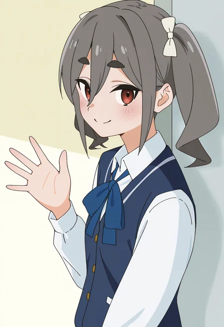 <lora:An KIRIYAMA_Illustrious-000038:1>,
An KIRIYAMA,1girl,solo,looking at viewer,shirt,bow,upper body,white shirt,blue vest,vest,blush,ribbon,school uniform,collared shirt,thick eyebrows,hair bow,kanzaki ranko,smile,waving