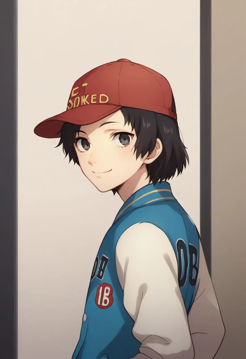 score_9, score_8_up, source_anime, highly detailed, 1boy, solo, skinny,
shinya, 1boy, hat, solo, baseball cap, jacket, black hair, hands in pockets, black eyes, short hair, upper body, letterman jacket, red headwear,
looking at viewer, smile,
from back, looking back,