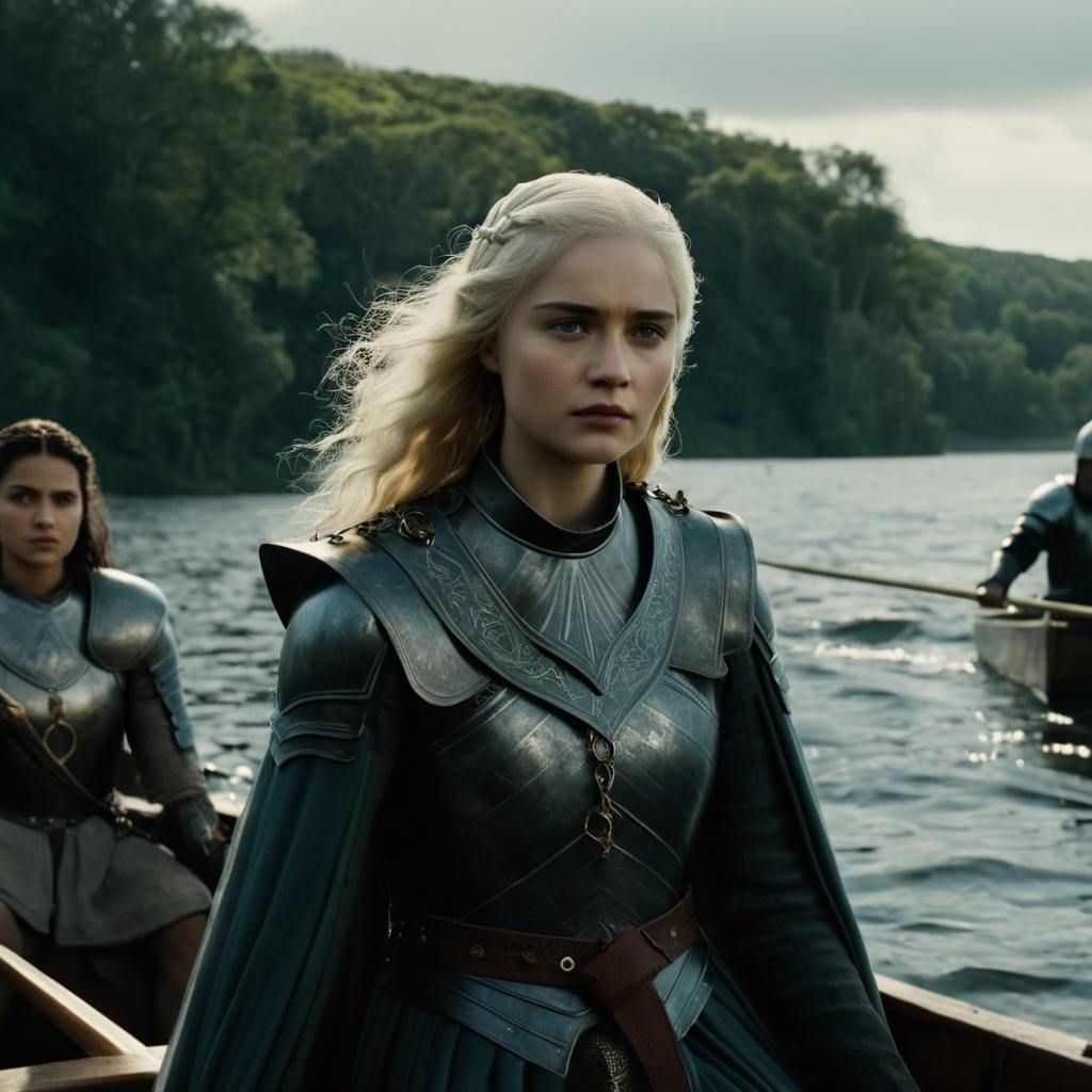 cinematic film still of  <lora:Game of Thrones style:1>
In medieval times a group of people in a boat on a lake,1girl,looking at viewer,blonde hair,black hair,weapon,outdoors,multiple boys,sword,water,cape,armor,tree,facial hair,3boys,cloak,watercraft,bald,boat , cinematic, film, movie still, movie style, film style, fantasy drama, epic drama, dramatic light, dramatic shadow, fictional, Age of Wonders, Age of Empires, warriors,  Medieval style, middle ages, dungeons and dragons style, contrast, color, different people, different, unique, kingdoms and castles style, violent, aggressive, detailed, perfection, detailed face, detailed body, detailed hands, detailed eyes, sharp, Game of Thrones style, shallow depth of field, vignette, highly detailed, high budget, bokeh, cinemascope, moody, epic, gorgeous, film grain, grainy