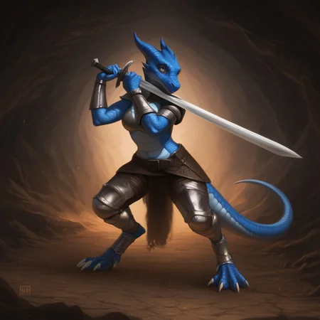 Realistic, 1girl, solo, full body, profile, in a cave, blue Kobold, furry dragon, tail, short stature, short, medium breasts, scales, scaly skin, knight armor, road sword, leather utility belt, bracelets, anklets, cute face, pale blue skin, fighting stance, worried look on face