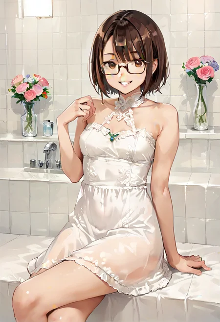 score_9, score_8_up, score_7_up, rating_safe, masterpiece, best quality, absurdres, unity 8k wallpaper, official art, official style, source_anime, game cg, megami magazine,glasses,
soapland, 1girl, solo, brown hair, flower, short hair, sitting, rose, smile, crossed legs, dress, brown eyes, tiles, indoors, looking at viewer, sink, white dress, tile wall
<lora:soapland_PONY_V2:0.8>