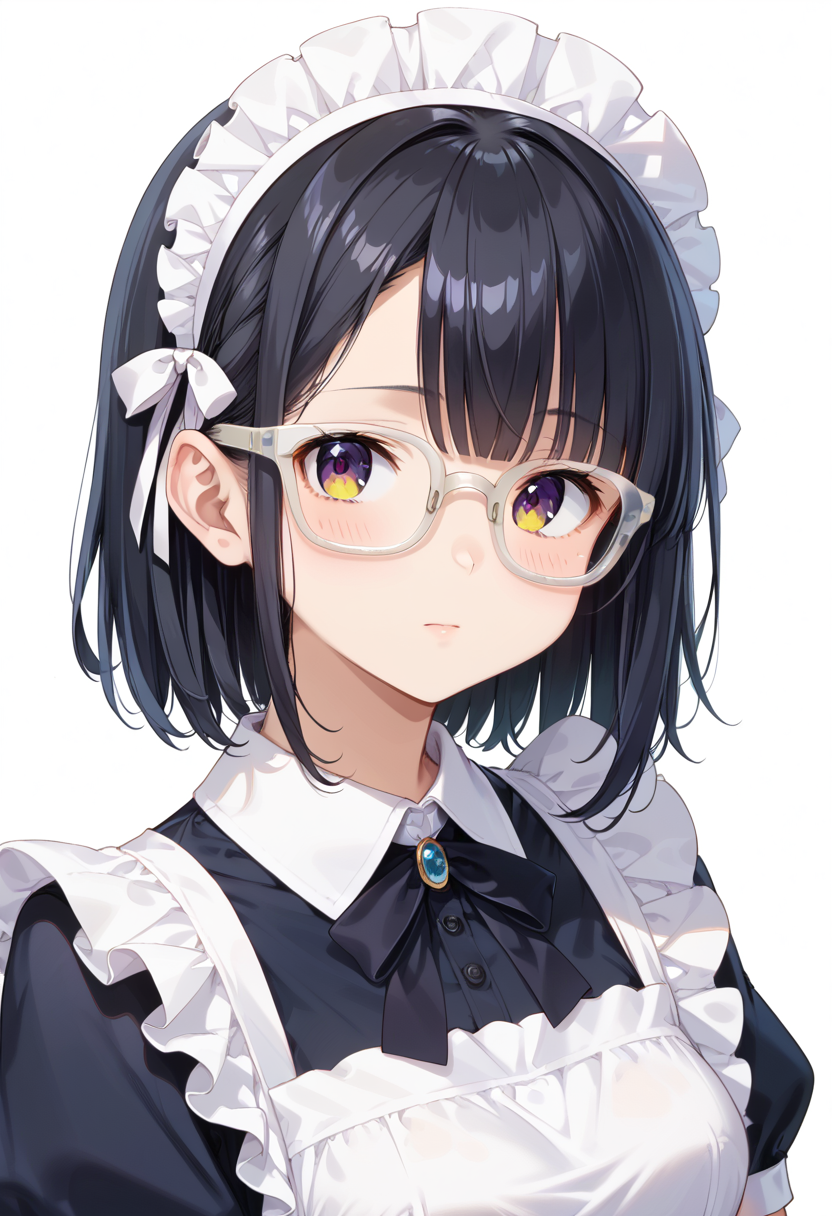 score_9, score_8_up, score_7_up, rating_safe, masterpiece, best quality, absurdres, unity 8k wallpaper, official art, official style, source_anime, uncensored, game cg, megami magazine,
1girl, solo, black hair, medium hair, upper body, covered eyes,maid, maid headdress, black dress, maid apron, face focus,
Wellington22A, glasses, white background, simple background, white-framed eyewear
 <lora:glasses_Wellington22A1_PONY_V1:1>