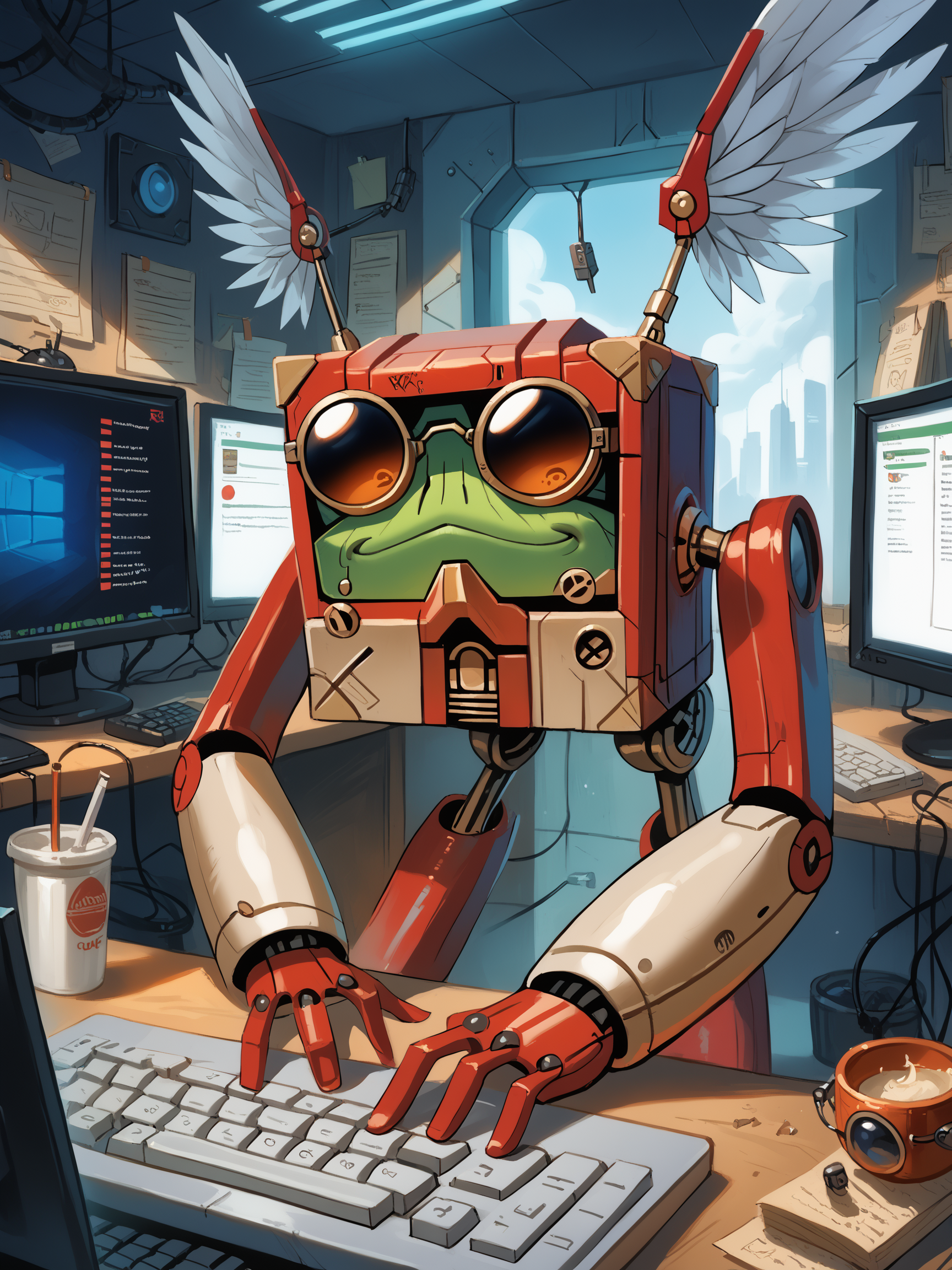 score_9, score_8_up, score_7_up, score_6_up, score_5_up, score_4_up,solo,modrone robot,cubic shape,2 arms,2legs,wings,action,dungeons and dragons,hacking,computer,hacker,keyboard,standing,matrix,indoors,black robot,green robot,red robot,smirk,sunglasses,small arms,small  legs,<lora:ModronPonyV1>