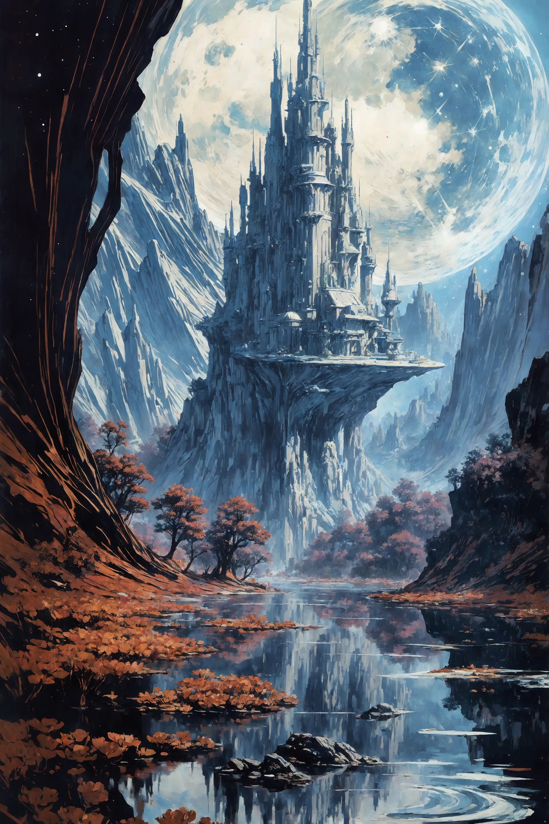 space planet, sun, moon, stars, (big rocks:0.9), (ripples, reflections:0.9), spatial futuristic castle, (small river pond:0.8), space forest, (space village:1.2), (stunning nature aquatic environment:0.8), spaceship, (unknown exotic land:0.9),) (nice alien civilization),  (beautiful space fantasy scifi futuristic landscape:0.9, (very detailed:1.2), (best quality:1.2), sharp focus, high contrast, cinematic lights, backlight, shadows, (lens flare:0.4), (vibrant colors, colorful):0.7, (Pale red flowers:0.9) and leaves, <lora:Detail Tweaker LoRA add_detail:0.8><lora:depth_of_field_slider_v1:5>  <lora:SDXLrender_v2.0:0.9> <lora:1970RetroFuturism:0.3> 1970retrofuturism