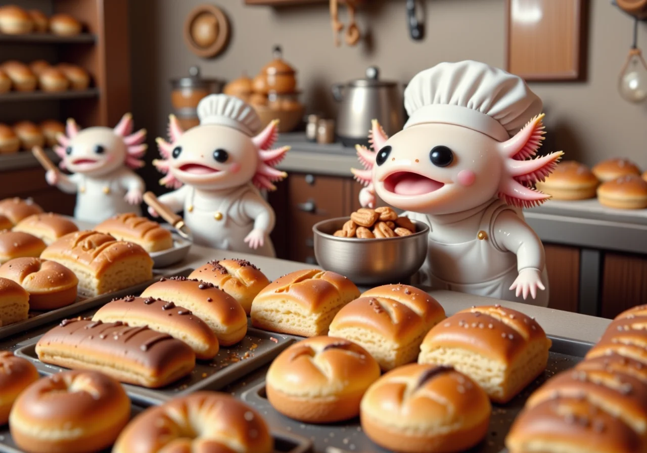 top down tilt shift image of tiny cute anthropomorphized axolotls with pink frilly gills and round black eyes,  axolotl baker, in a gluten-free bakery, preparing gluten-free treats, wearing a clean apron, display of healthy baked goods<lora:Axomodel_Flux_V2.safetensors:1.0:1.0> <lora:isometric.safetensors:1:1>