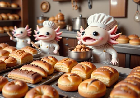 top down tilt shift image of tiny cute anthropomorphized axolotls with pink frilly gills and round black eyes, axolotl baker, in a gluten-free bakery, preparing gluten-free treats, wearing a clean apron, display of healthy baked goods<lora:Axomodel_Flux_V2.safetensors:1.0:1.0> <lora:isometric.safetensors:1:1>