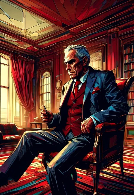 a grim faced elderly man in a three piece suit sits on a chesterfield chair smoking a large cigar with a glass of brandy, gentleman's club, library, red leather, wood paneling, high windows, solo. alone, extreme close up, portrait, dramatic shadow evocative analog film noise,
