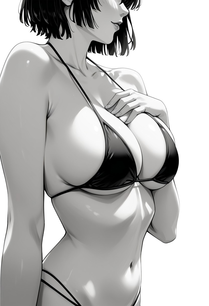 black hair, short hair, high definition
OUTFIT:
bikini, highres, high quality, best quality, volumetric lighting, UHD, skin texture, skin detail, high quality skin, highly detailed, firm breasts.
BEHAVIOR:
ooframe, out of frame, breasts focus, monochrome, arm on breasts, breasts covered
BACKGROUND:
white background