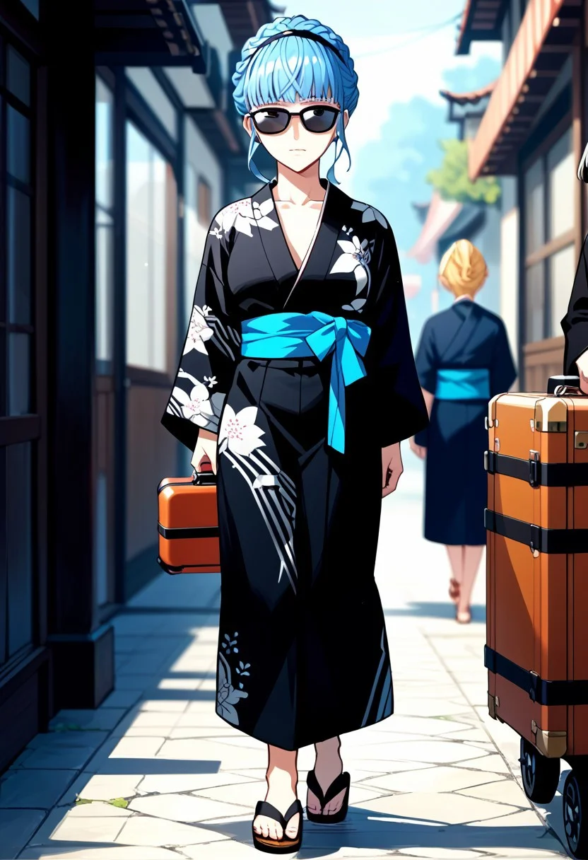 score_9,score_8_up,score_7_up,source_anime,Ha Yura,1girl,solo,looking at viewer,short hair,long sleeves,closed mouth,standing,collarbone,full body,japanese clothes,alternate costume,kimono,blurry,blurry background,sandals,sunglasses,walking,robe,yukata,black kimono,suitcase,blue sash,rolling suitcase,marianne von edmund,
