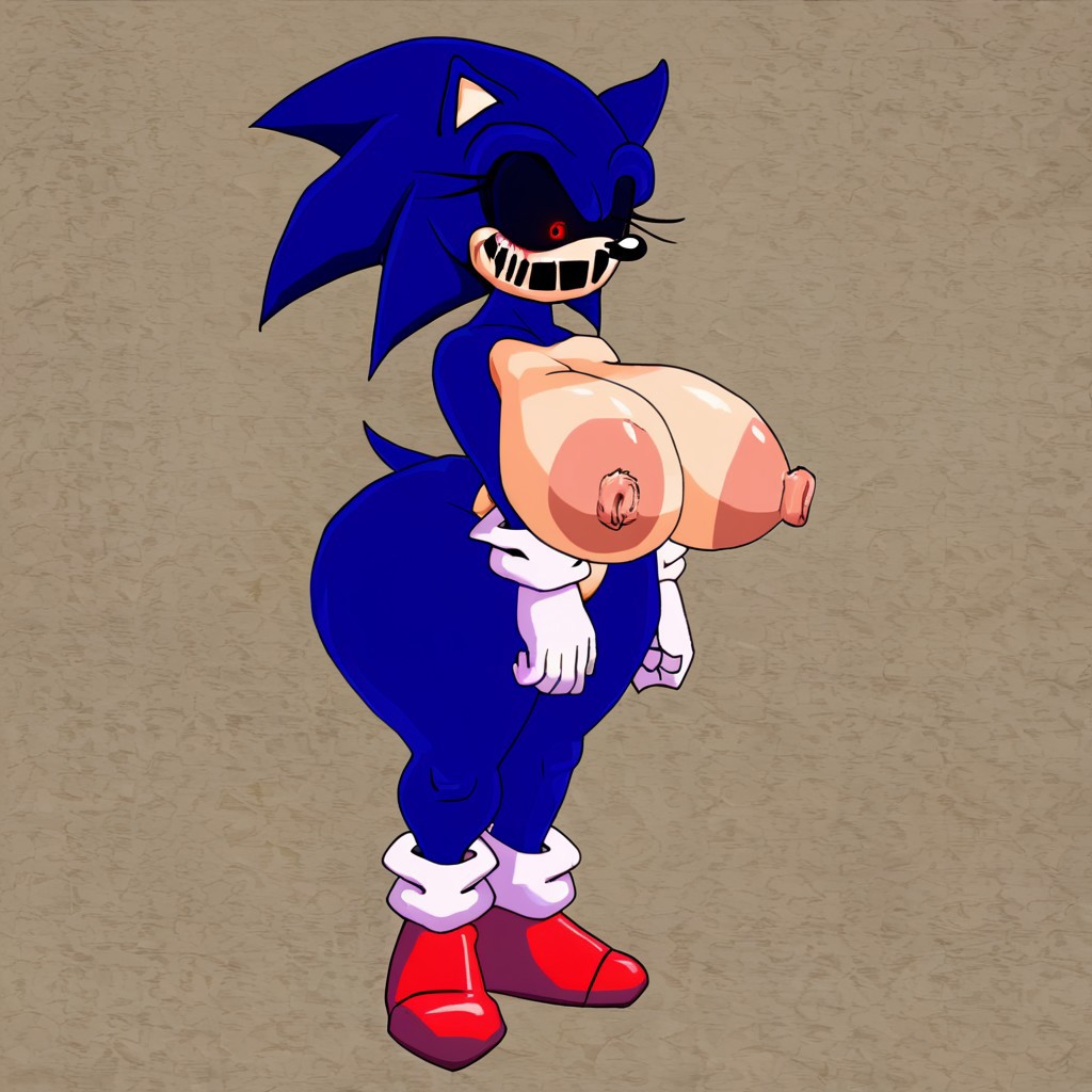 Luis_EXE, gloves, 1girl, animal ears, blue hair, shoes, socks, white gloves, white socks, spiked hair, red footwear, furry, furry male, body fur, white fur, animal nose, two-tone fur, blue fur, sonic the hedgehog, dark, menacing appearance, gleowing red eyes exaggerated, creepy elements features, standing, full body, big breasts, huge nipples, bedroom, thicc, huge thighs