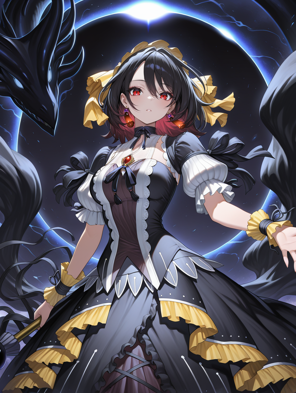 underworld goddess of the closed world,black princess dress,yellow short sleeves,1girl,solo,looking at viewer,staff,holding staff,yellow hairband,black dragon,red earrings,black frills,solar eclipse,
masterpiece,best quality,amazing quality,very aesthetic,absurdres,newest,<lora:underworld goddess of the closed world illuXL v1:0.75>,