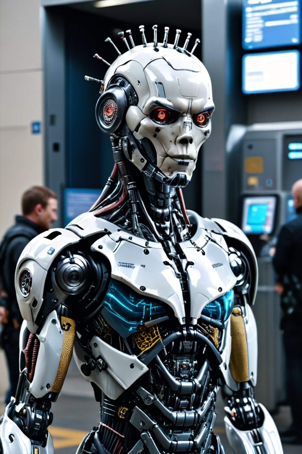 RAW photo of a <lora:madpunk:0.8> madpunk <lora:just_another_Cyborg_LoRa_SDXL:0.8> c1bo cyborg (Holding a prop confidently) at a High-tech security checkpoint with body scans, super detail, ultra-realism, <lora:xl_more_art-full_v1:0.3>, <lora:PE_NeonUV Style:0.7> PENeonUV  ,  <lora:Faceless_Cyborgs:0.7> noface, cyborg <lora:quality1:1> <lora:sdxl_cyberpunk:0.7> cyberpunk style, cyberpunk