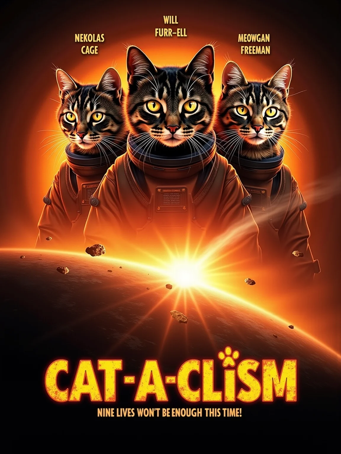 movie poster for a film called Cat-a-clism. In the background, show a fiery, glowing asteroid streaking towards Earth. The asteroid dominates the lower part of the poster, just like in the original Armageddon poster, with a dramatic, orange and red sky. At the top, instead of the actors' faces, place the faces of three intense, determined cats, styled like they are the heroes of the movie. They are wearing spacesuitsThe catsâ names appear prominently at the top: Nekolas Cage, Will Furr-ell, and Meow-gan Freeman. The movie title 'Cat-a-clism' is in large, bold letters at the bottom with a similar fiery design. Include a tagline beneath the title like 'Nine Lives Won't Be Enough This Time!' The overall color scheme should be intense and dramatic with black and fiery oranges and reds.