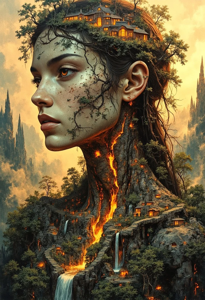 A tight head-and-shoulders portrait of a woman whose form is an extension of the earth itself. Her skin is textured like weathered stone and rich soil, with deep glowing fissures along her collarbone and neck, radiating soft golden light. Embedded veins of molten rock glow faintly beneath the surface. Her eyes are polished amber with flecks of gold and deep mossy green. Small trees and patches of dense greenery grow along her cheekbones and jawline, their leaves mist-covered and softly illuminated. Tiny glowing bioluminescent mushrooms cluster at the base of her throat. Her hair is composed of twisted vines, tangled roots, and blooming wildflowers, interwoven with fallen leaves and delicate petals. As it flows downward, it transforms into a dense, sprawling forest covering her shoulders, where miniature treetop villages are nestled among the branches. Small lanterns hang between the trees, casting a soft, golden glow. Her shoulders and collarbones form rolling hills, with small waterfalls cascading down her form, creating mist that drifts gently through the air. Clear rivers carve through the terrain, their surfaces reflecting warm sunlight. Tiny stone bridges arch over winding streams. Along the slopes of her shoulders, ancient stone ruins, partially covered in ivy, rest in quiet decay. The background is softly blurred, showing golden sunlight.