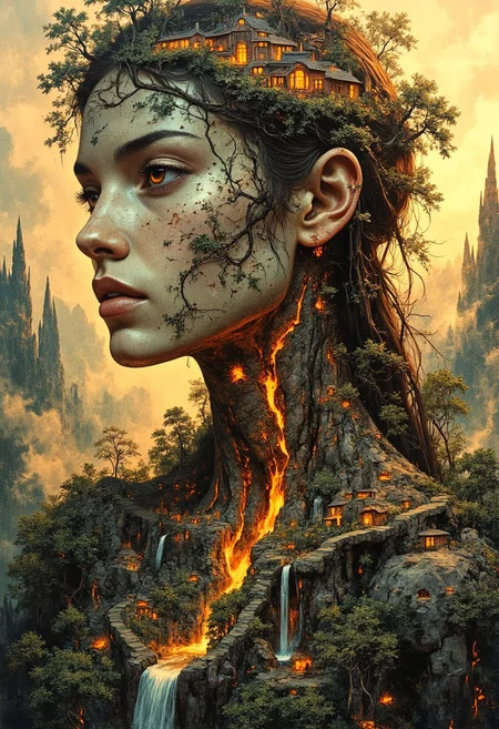 A tight head-and-shoulders portrait of a woman whose form is an extension of the earth itself. Her skin is textured like weathered stone and rich soil, with deep glowing fissures along her collarbone and neck, radiating soft golden light. Embedded veins of molten rock glow faintly beneath the surface. Her eyes are polished amber with flecks of gold and deep mossy green. Small trees and patches of dense greenery grow along her cheekbones and jawline, their leaves mist-covered and softly illuminated. Tiny glowing bioluminescent mushrooms cluster at the base of her throat. Her hair is composed of twisted vines, tangled roots, and blooming wildflowers, interwoven with fallen leaves and delicate petals. As it flows downward, it transforms into a dense, sprawling forest covering her shoulders, where miniature treetop villages are nestled among the branches. Small lanterns hang between the trees, casting a soft, golden glow. Her shoulders and collarbones form rolling hills, with small waterfalls cascading down her form, creating mist that drifts gently through the air. Clear rivers carve through the terrain, their surfaces reflecting warm sunlight. Tiny stone bridges arch over winding streams. Along the slopes of her shoulders, ancient stone ruins, partially covered in ivy, rest in quiet decay. The background is softly blurred, showing golden sunlight.