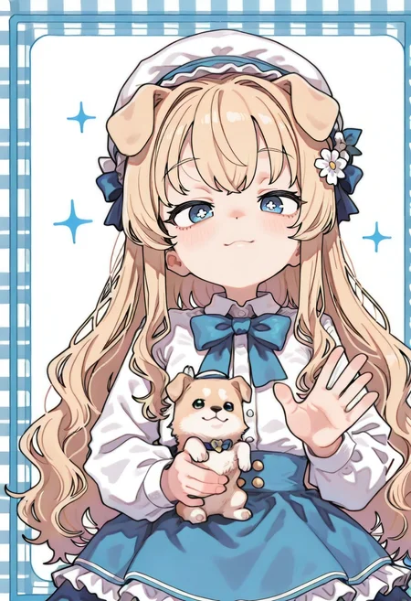 1girl,original,animal ears,blonde hair,blue border,blue bow,blue bowtie,blue eyes,border,bow,bowtie,closed mouth,collared shirt,crescent,dog,dog ears,eyelashes,fingernails,floppy ears,flower,flower-shaped pupils,frilled hat,frilled skirt,frills,hair bow,hair flower,hair ornament,hand up,hat,light blush,long hair,long sleeves,looking at viewer,mismatched pupils,outside border,palms,plaid border,puppy,shirt,sidelocks,simple background,skirt,smile,solo,sparkle,symbol-shaped pupils,too many watermarks,upper body,very long hair,wavy hair,white background,white bow,white flower,white hat,white shirt <lora:sabotenmanXL_NBVP1_lokr_V6311PZ:0.95>