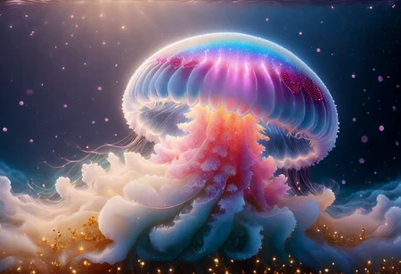 a beautiful face jellyfish dances in the middle of the surface of the pearl sea, the sky is dark but the sea shines brightly and illuminates the dancing jellyfish(everything,sparkles, shines, shines, shines, shines)
8k, vivid, ultra detalis, colorfull lighting, surreal photography, portrait, Redwall, fantasy art, very detailed, high resolution, highly detailed painting, cinematic lightning,,smile,funny,happy
clean image, high resolution, clear image, high quality image, pure colors, decorative details, fairy tales, no two pictures are the same,cute,tinsel,glitter,shine,soft,cuddly,fantasy,cutie,adorable,snuggly,