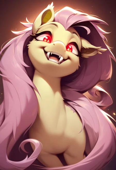core_9, score_8_up, score_7_up, score_5_up, Pony, Fluttershy bat, (head tilt), shaft head tilt, very long hair, open mouth, abstract background, glowing eyes, fangs, grin,