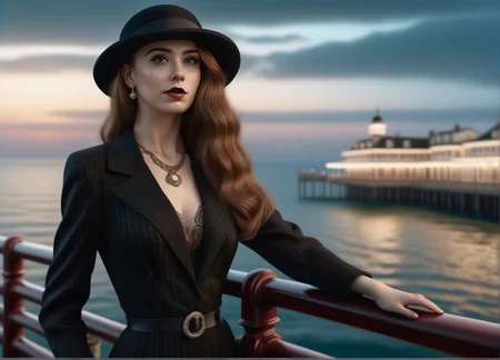 Full body shot, selfie. Realistic photo of Zilaria dressed in 1910's latest fashion. (Art noir, film noir), ultra realistic, hyper detailed, skin texture ,intricate background, detailed background, late in the evening at the pier looking out over the sea, detailed face.  <lora:Zilaria:1.1>