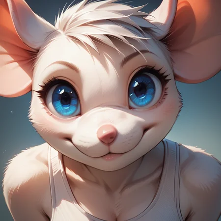 <lora:BeckieMouse_1G:0.8> white anthro mouse, B3ck13M0us3, close up, face focus, profile, smiling, closed mouth, mouse snout, blue eyes, detailed eyes, white tank top cleavage, ear hole,