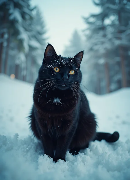 cinematic film still (wide-angle camera:1.25), (fisheye len:1.25), (black cat:1.1), winter, snow . shallow depth of field, vignette, highly detailed, high budget, bokeh, cinemascope, moody, epic, gorgeous, film grain, grainy