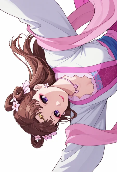 Smooth Quality,masterpiece,very intricate, high quality details, ultra realistic, high detailed skin,detailed enviorement,absurdres,
partially undressed, 
 <lora:Lishu_CNR:0.8> lishu_cnr,brown hair, long hair, purple eyes, makeup, lipstick, lishu_pink_cnr,hanfu, dress, long sleeves, sash, shawl, circlet, flower earrings, necklace,hair flower, hair rings, hair bun,, simple background, white background, sideways,
jumping, arms open, legs bent, smiling, midair,  ,in heat,