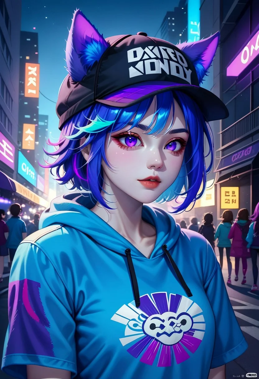 c0ll4nd3r style, 1girl, ultra detailed, extremely detailed, sharp focus, 1girl, short blue hair with purple streak, purple eyes, hat, t-shirt, pastel blue hoodie, wolf ears, animal ears, flowers blooming around her, shiny, glitter, more prism, vibrant color, cinematic angle, cinematic lighting, source_anime, CityBG_PDXL PonyXLV6_Scores