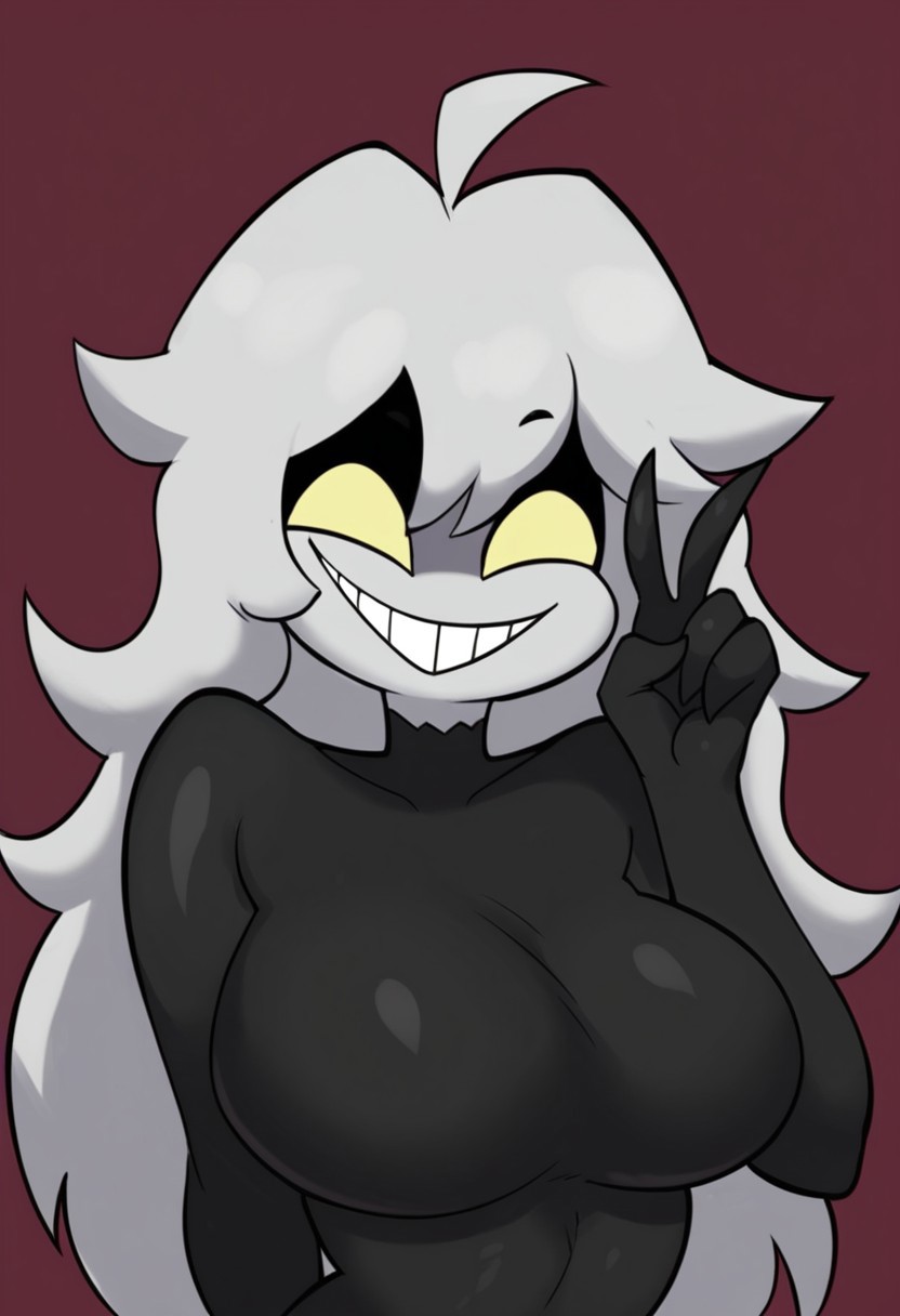score_9, score_8_up, score_7_up, Expressiveh, masterpiece, best quality, highly detailed, realistic, (zPDXL3), 1girl, solo, (TrollgeGf, white face, black body, white hair, long hair, yellow sclera, no pupils, smile, closed mouth, clawed finger, featureless breasts), face only, close-up, looking at viewer, simple background, ((peace sign)), uncensored, (((((noseless, no nose))))