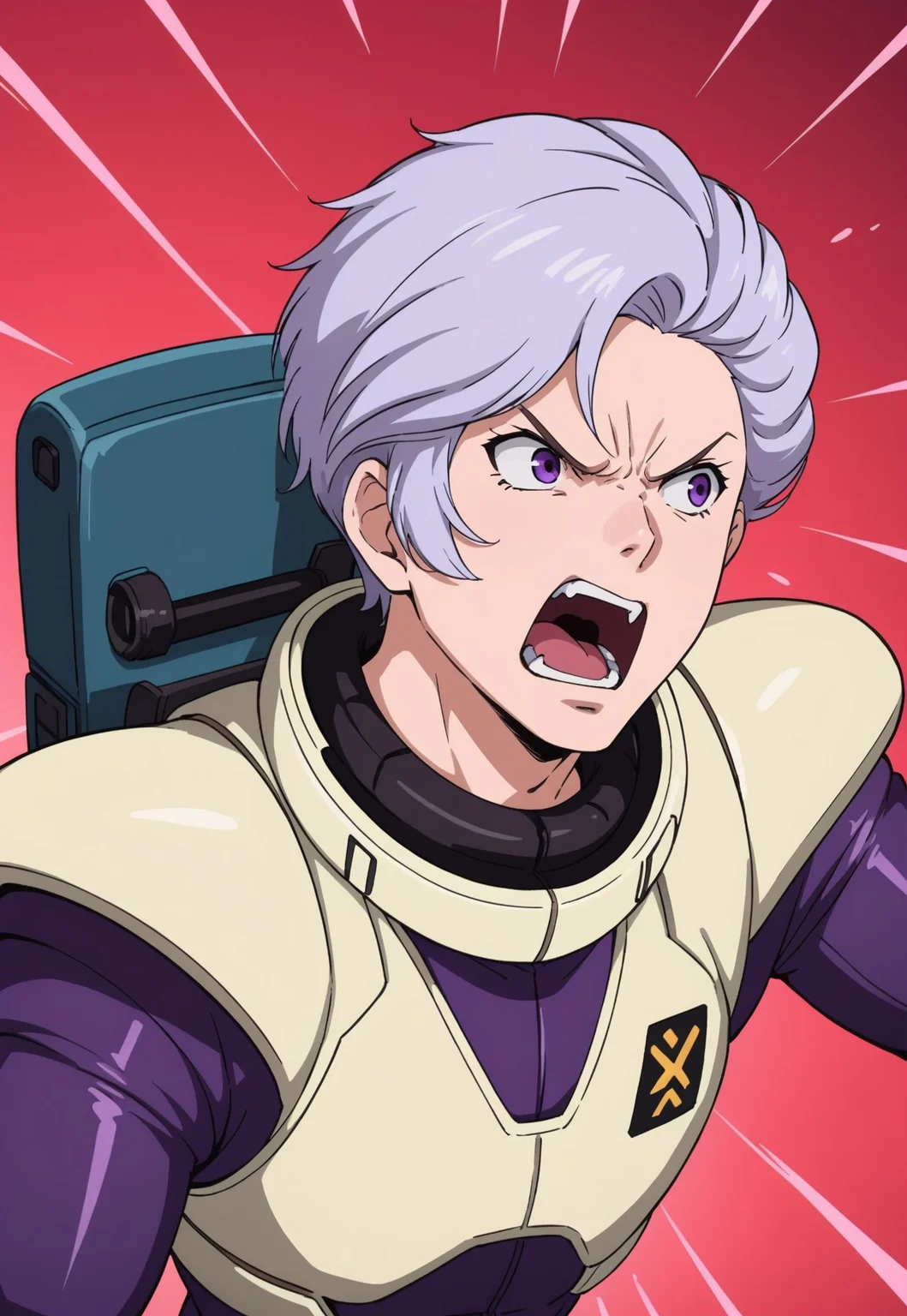 score_9, score_8_up, score_7_up, source_anime, dramatic angle, BREAK, ( angelo_sauper, purple eyes, gray hair, best eyes, looking to the side, angry expression, shouting, mouth open, pilot suit, backpack, ) 1boy, male focus, solo, BREAK, energy in background,