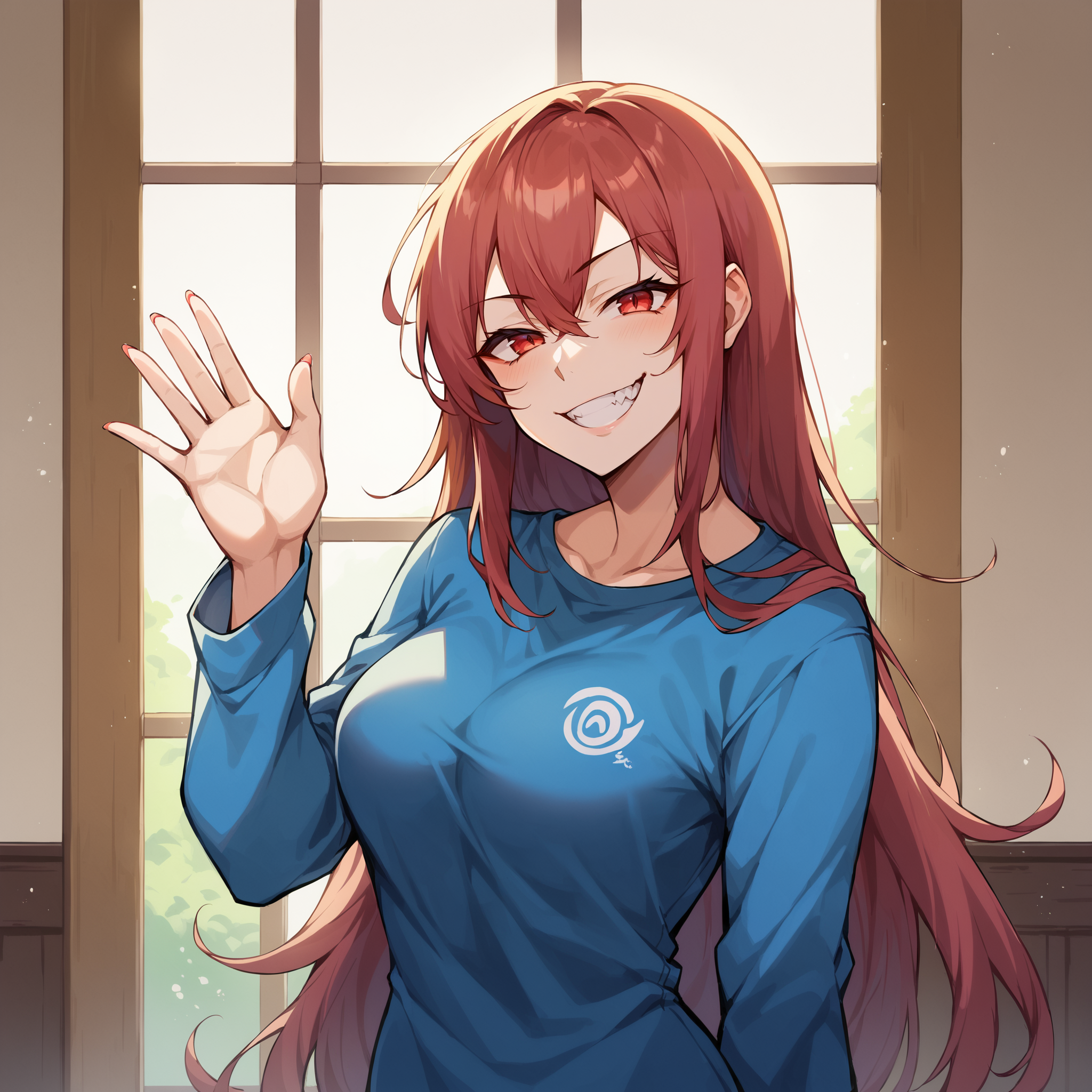 score_9, score_8_up, score_7_up, score_6_up, score_5_up, score_4_up BREAK source_anime, 1girl, solo, waving, evil grin, evil, smug, indoors, portrait, looking at viewer, cowboy shot, rating_safe, <lora:MuchinPDXL32V1tx1-000014:1>