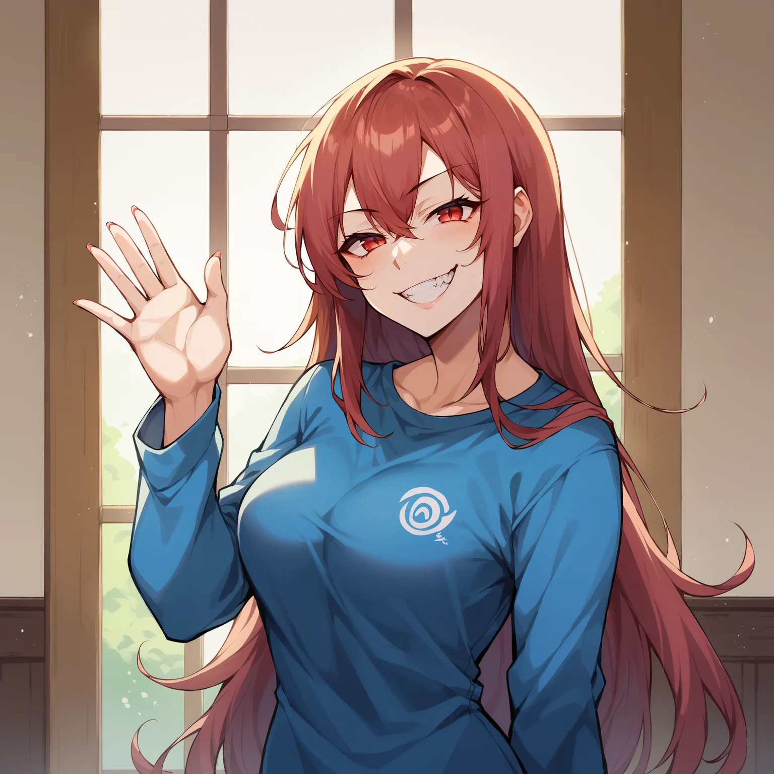 score_9, score_8_up, score_7_up, score_6_up, score_5_up, score_4_up BREAK source_anime, 1girl, solo, waving, evil grin, evil, smug, indoors, portrait, looking at viewer, cowboy shot, rating_safe, <lora:MuchinPDXL32V1tx1-000014:1>