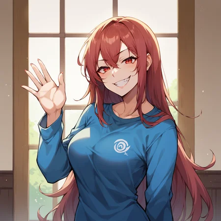 score_9, score_8_up, score_7_up, score_6_up, score_5_up, score_4_up BREAK source_anime, 1girl, solo, waving, evil grin, evil, smug, indoors, portrait, looking at viewer, cowboy shot, rating_safe, <lora:MuchinPDXL32V1tx1-000014:1>