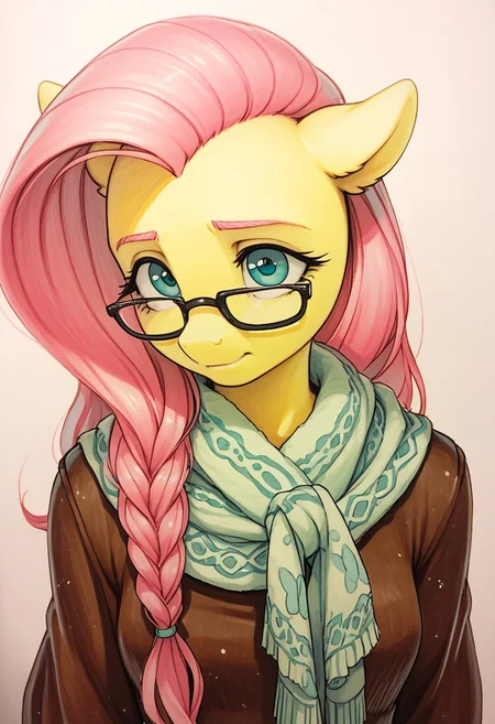 score_9, score_8_up, score_7_up, pony, solo. pony, mare, zzPDXL3, traditional media, marker \(medium\), FlutterXL, Pink hair, blue eyes, hipster_fluttershy, sharp_outline, standing, anthro, wearing_glasses, simple_background, hairstyle, braid, view_from_above, neck_shawl,, shawl,